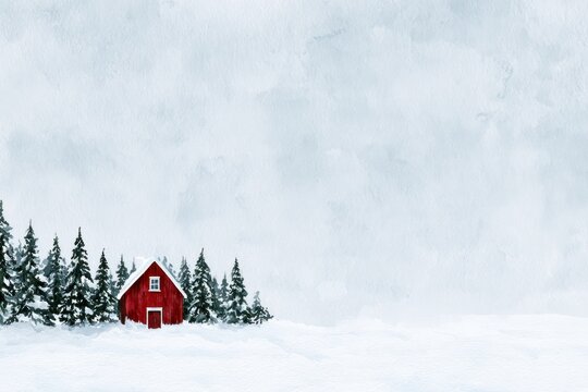Scarlet Cottage Resting Beside Quiet Snowy Pines