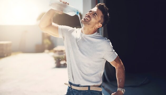 Hombre bebiendo agua de una botella al aire libre