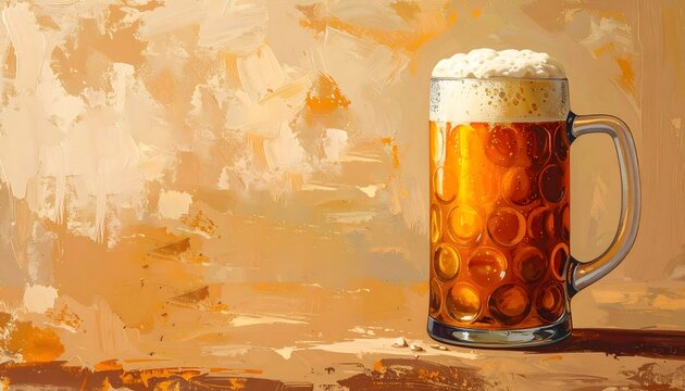Jarra de cerveza dorada con espuma sobre fondo art&iacute;stico beige