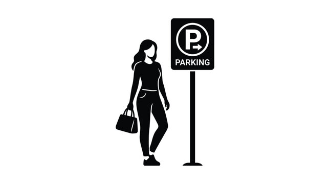 Woman Walking Towards Parking Sign Black Silhouette