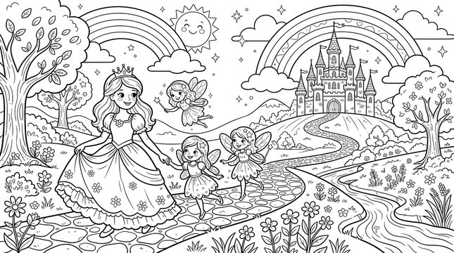 Princess walking with fairies on a stone path towards a magical castle under a rainbow for kids coloring page activity sheet