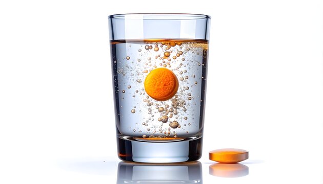 Pastilla efervescente naranja disolvi&eacute;ndose en un vaso de agua