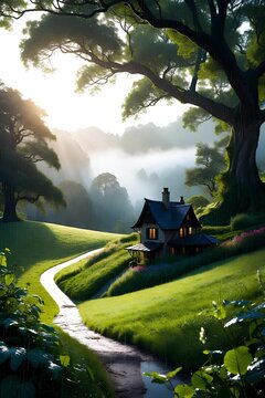 Peaceful Morning Forest Landscape with Horse Grazing in a Green Meadow, Rural Countryside Field, Trees, Mountain Hills, Blue Sky and Soft Clouds in Springtime Nature