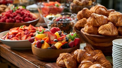 Obraz premium Freshly baked croissants, berries, and tropical fruits arranged attractively, representing a delicious breakfast buffet concept