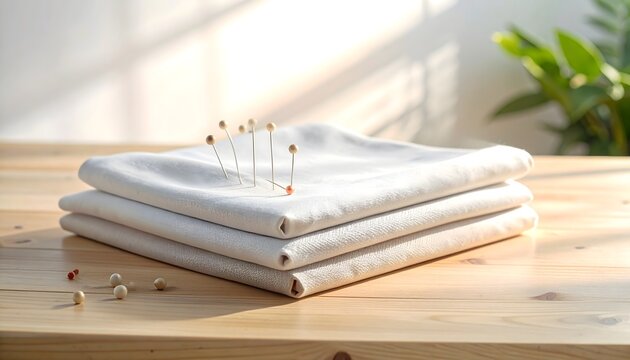 Telas blancas dobladas con alfileres sobre una mesa de madera