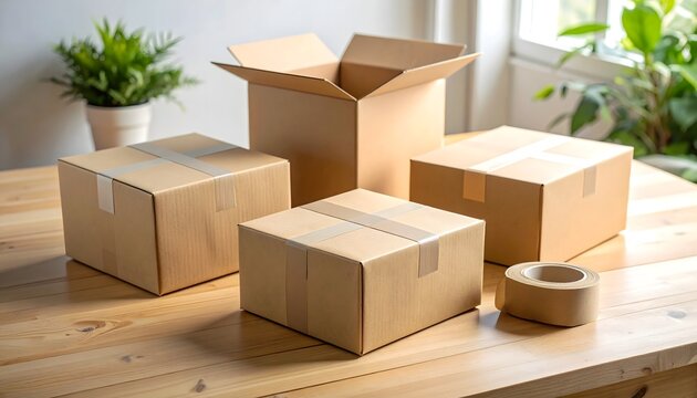 Cajas de cart&oacute;n de distintos tama&ntilde;os con cinta de embalaje sobre mesa