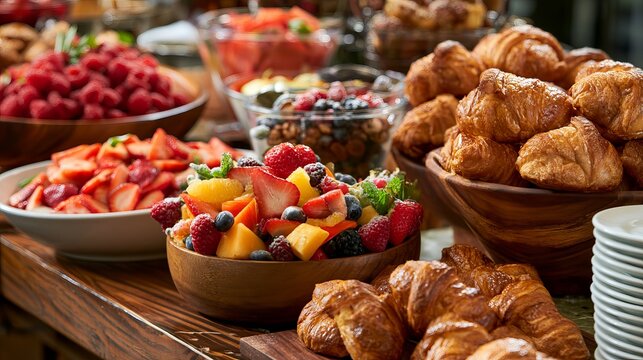 Freshly baked croissants, berries, and tropical fruits arranged attractively, representing a delicious breakfast buffet concept