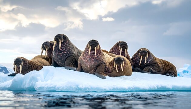 Grupo de morsas descansando sobre hielo flotante en el &Aacute;rtico