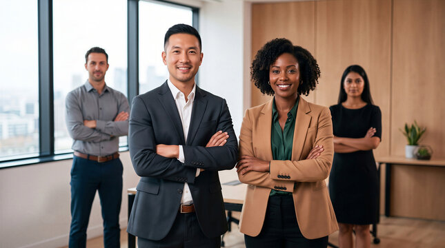 Portrait of a confident, diverse corporate business team with crossed arms standing in a modern office