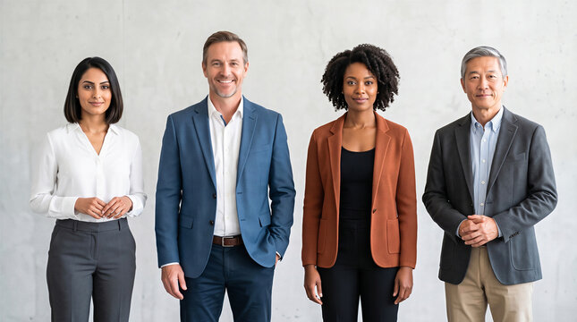 Group of business people standing together against a modern concrete background