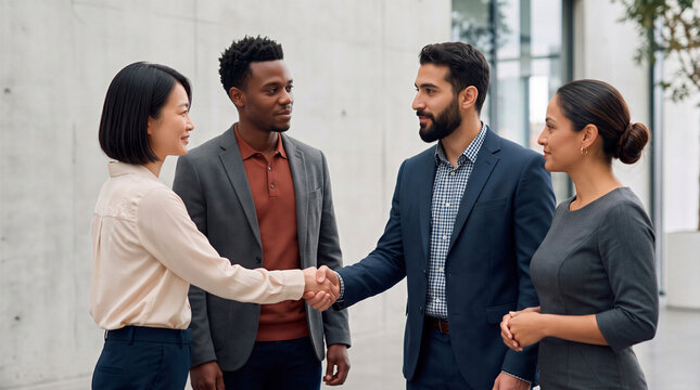 Business professionals shaking hands and greeting each other during a corporate meeting in a modern office