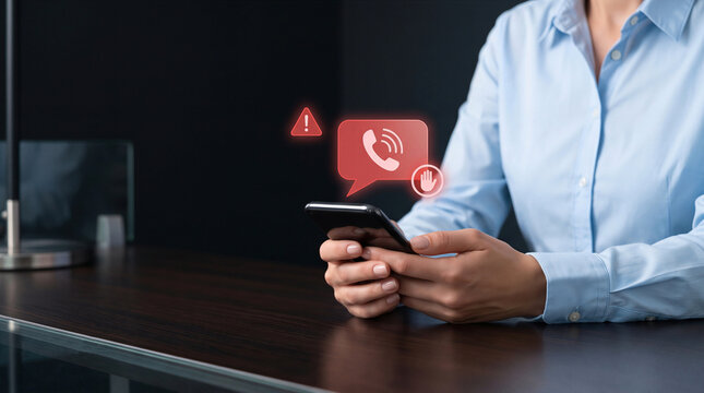 Person holding a smartphone with glowing red warning and stop icons indicating a spam call or security alert
