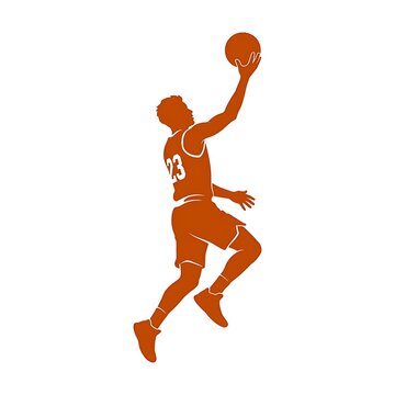 Basketball player silhouette jumping for a layup against a white background