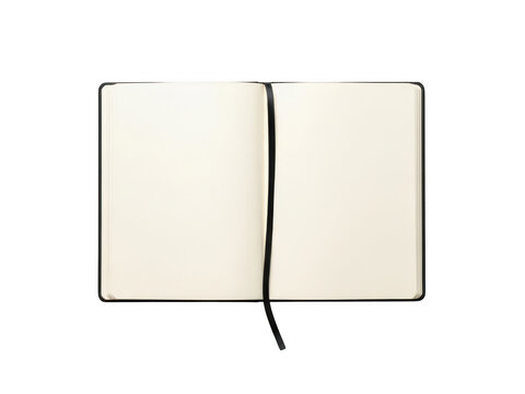 Open blank notebook with pages and black ribbon bookmark isolated on transparent background