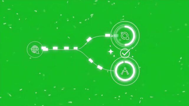 Animated flowchart graphic illustrating data routing and web search processing on a green screen