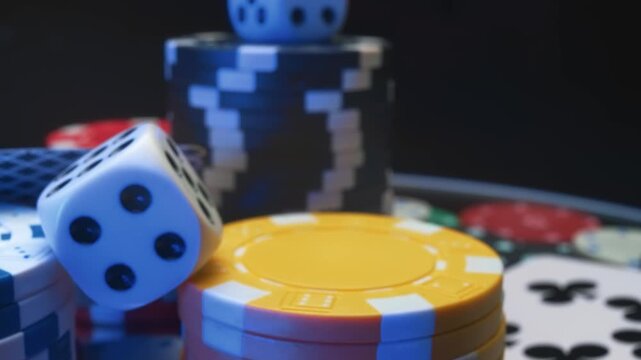 Casino chips, dice and playing cards close up. Poker game table, gambling entertainment and betting concept