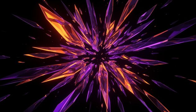 Sharp glass shards radiating outward in zero gravity with neon orange and deep violet light on black