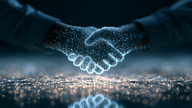 Glowing Handshake Icon Rising From A Network Of Connected Dots, Backlit Rim Light, Shot On 50mm Lens, Natural Perspective, Cool Muted Blue-Gray Palette, High-Resolution Digital Art