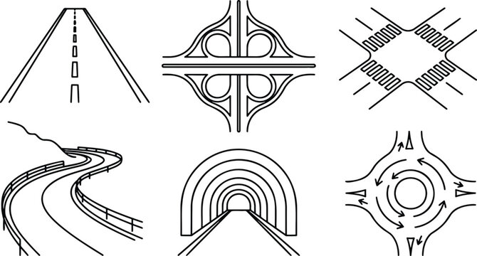 Road infrastructure highway interchange tunnel roundabout and crossroad black line art icon set vector isolated on white background