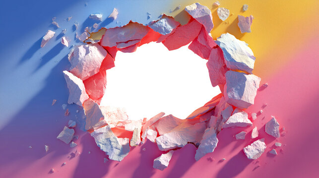 Vibrant image of pastel colored wall with large hole center, surrounded by scattered debris. wall features gradient of blue, pink, and yellow hues, creating dynamic and energetic, isolated