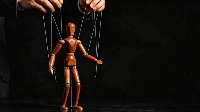 Hands Controlling Wooden Marionette with Strings &mdash; Manipulation, Control and Power Concept