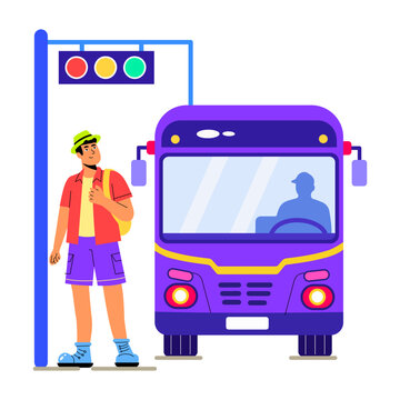 Flat travel illustration where a traveler waits beside a city bus at a marked transport stop in a colorful flat travel scene with clean detail.