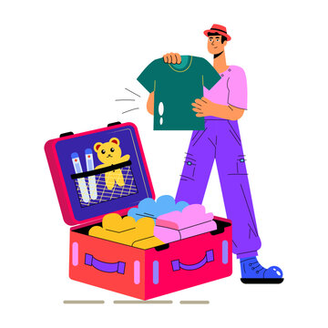 Flat travel illustration where a traveler packs clothing and belongings into an open suitcase in a colorful flat travel scene with clean detail.