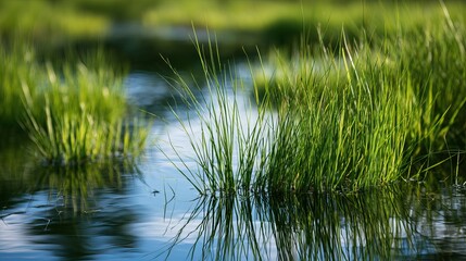 Obraz premium Serene nature scene featuring calm water surrounded by lush green reeds, perfect for serene outdoor branding and eco-conscious marketing visuals