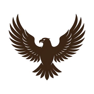 Brown eagle silhouette with wings spread wide isolated on white background