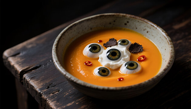 Creative Halloween soup with eyeball decorations in a rustic bowl  