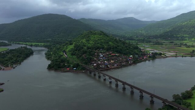Aerial View of Dasgaon Village and Savitri River with Konkan Railway Bridge Maharashtra