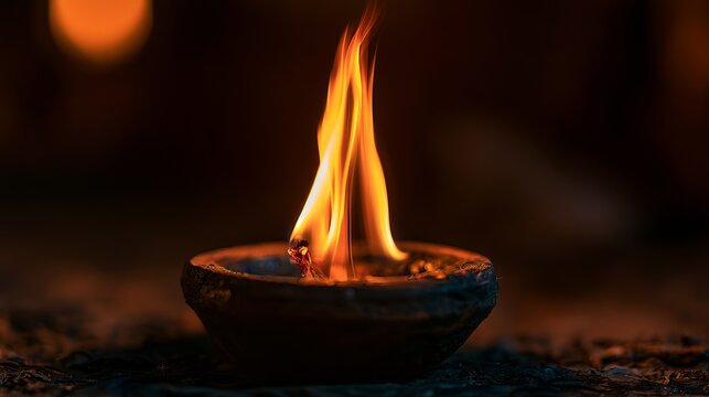 Glowing flame burning brightly within a dark stone bowl, a concept representing hope, resilience, and spiritual illumination
