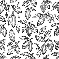 Obraz premium Cocoa bean seamless pattern in a black line art style including pods, beans, leaves and branches.