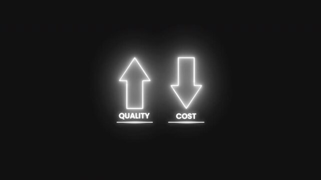 Animated business concept showing rising quality and falling cost with glowing arrows, ideal for finance, management, strategy, and comparison presentations, 4K video with an alpha channel