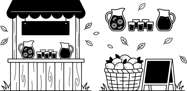 Lemonade stand vector illustration set including kiosk, pitchers, glasses, basket of lemons and signboard in black outline style.