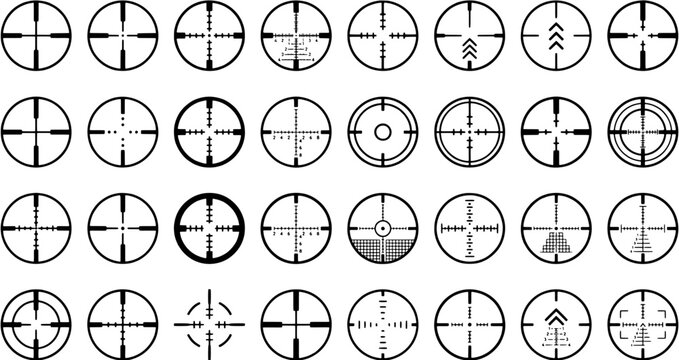 Crosshair and scope icon set in a flat black outline style including reticle, sniper sight, target and aim symbols.