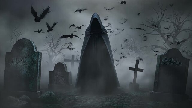 Dark cloaked grim reaper stands in foggy graveyard while black crows circle overhead in this eerie cinematic horror motion video
