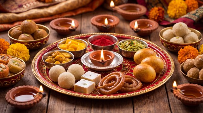 Flat bhai dooj background with food and candles