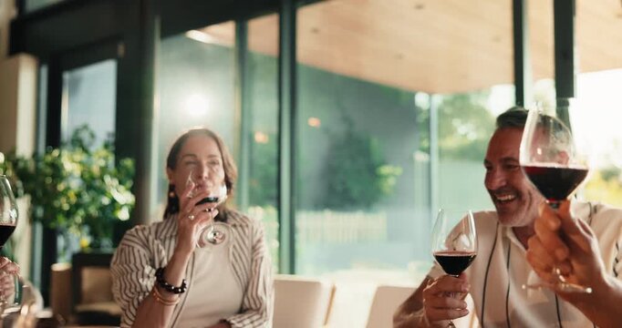 People, celebration and cheers with wine glass in home for get together, dining or social gathering. Hands, happy group or friends with toast or alcohol for drinking event or holiday dinner in house
