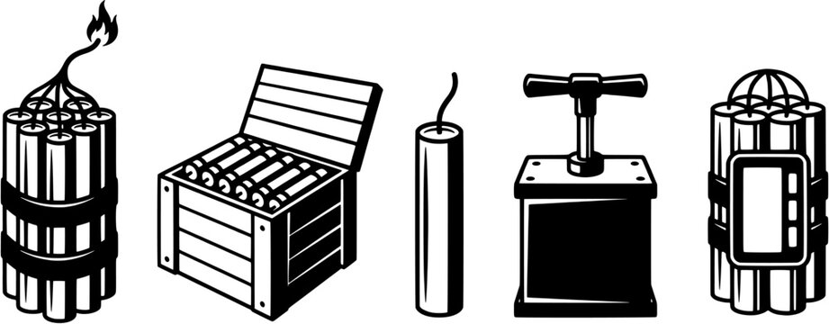 Dynamite explosive icon set in a simple black silhouette style including bundle, wooden box crate, single stick, detonator plunger and time bomb.