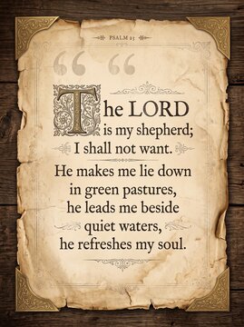 Psalm 23 bible verse printed on vintage parchment paper with ornate gold corners on wooden background