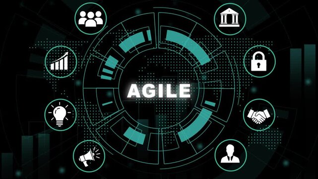 Dynamic agile methodology concept featuring animated digital hud interface with business strategic management workflow, software development process, and corporate project planning visualization