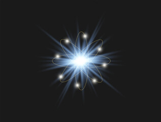 Fototapeta premium Bright glowing atom with luminous electrons and orbital lines on a dark background.