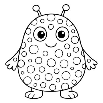 Cute cartoon character of a bumpy, rounded alien with large eyes and antennae, smiling, in black and white line drawing for children or illustrations