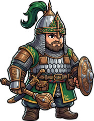 Obraz premium Pixelated character of a medieval warrior in full armor, complete with helmet, chainmail, shield, and mace. Fantasy game asset.