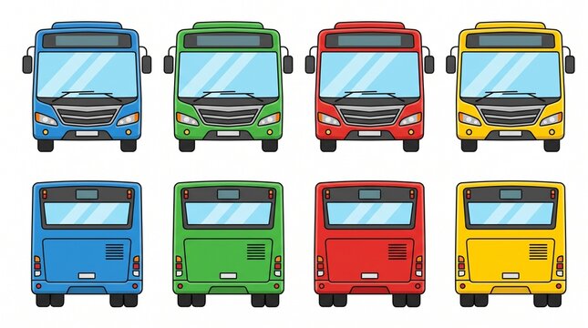 Set of city bus front and rear view icons in different colors with transport transportation commuter automobile