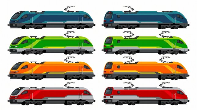 Collection of eight side view colorful electric train locomotives isolated on white background with locomotive