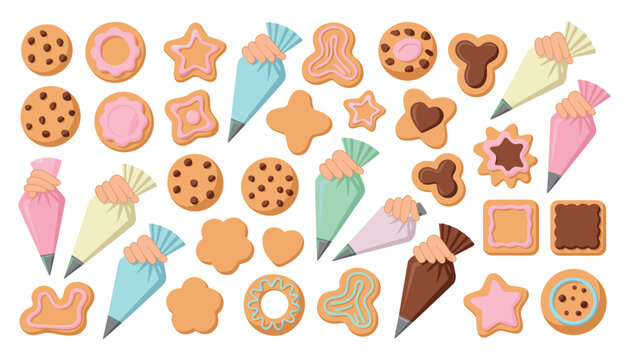 Cute Christmas Baking Vector Icon Set with Homemade Decorated Cookies Gingerbread Stars Chocolate Chips and Colorful Pastry Icing Piping Bags Graphic Designs