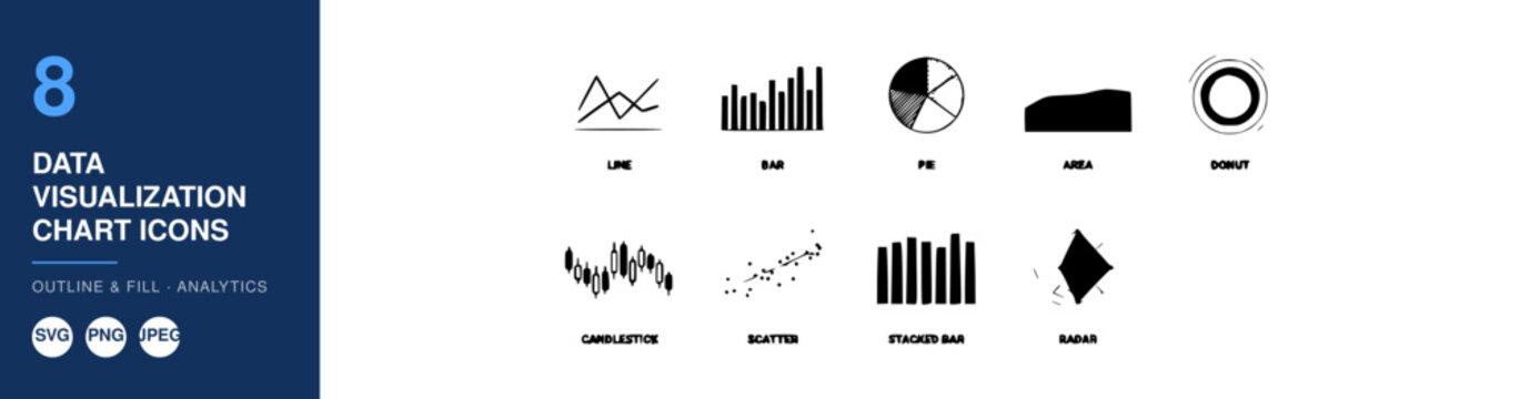 Data Visualization Chart Icons Set, Including Line, Bar, Pie, Area, and Scatter Plots