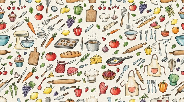seamless pattern with kitchen utensils